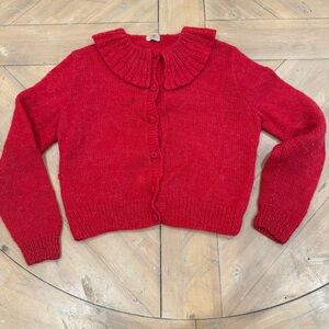 Vintage Hand knit Red Ruffle Collar Button-Up Womens Sweater